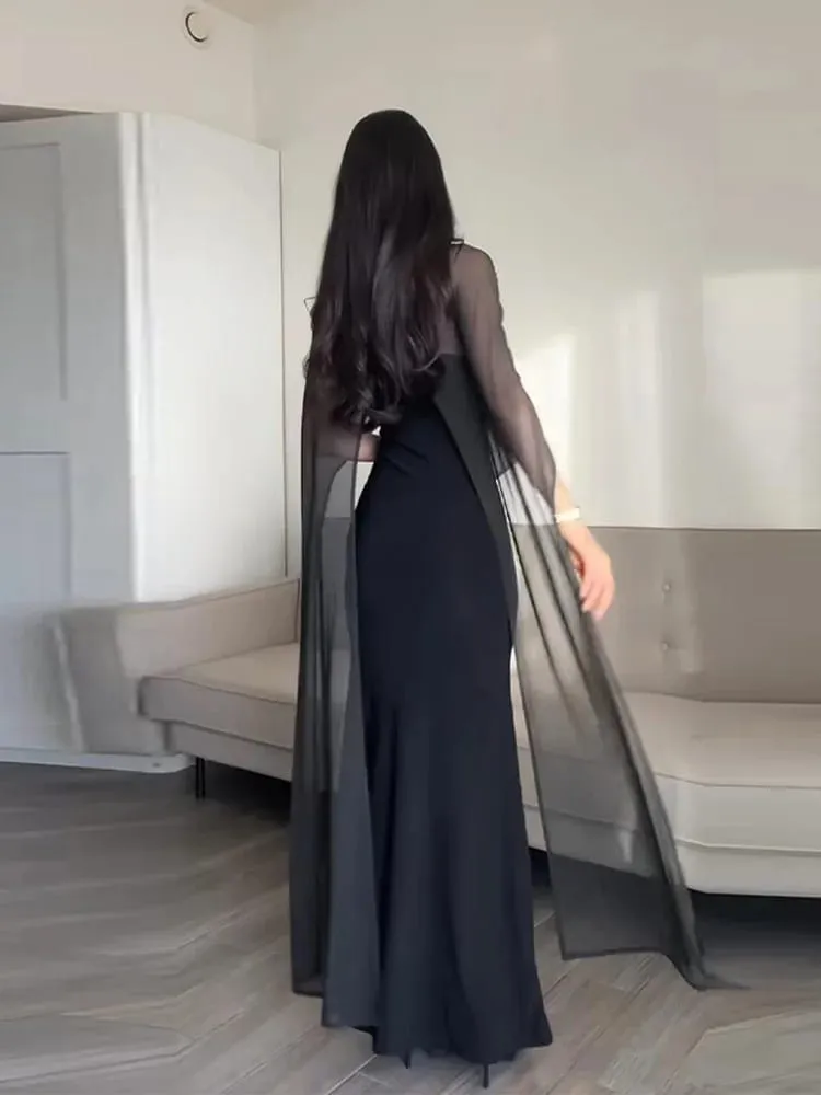 Sheer Cape Women's Evening Dresses Elegant Slim V-neck Backless Sleeveless Hip Package Dress For Woman 2026 Lady Party Vestidos