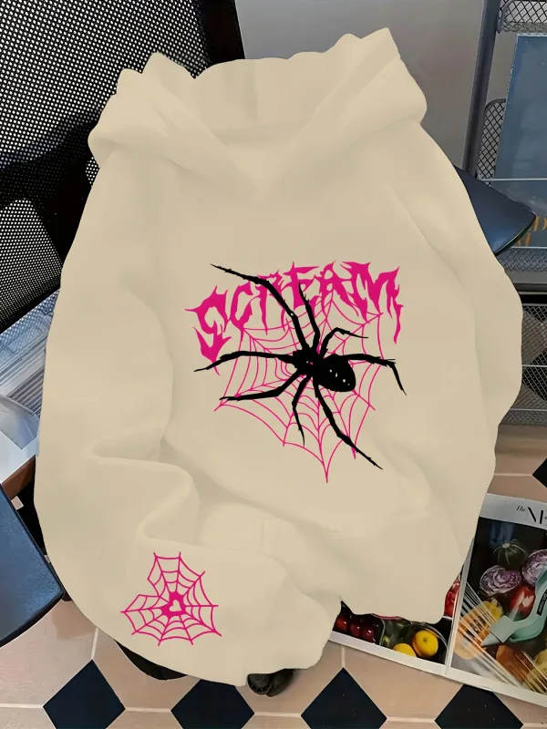 Men's Gothic Spider Print Hoodie Hip Hop Sports Casual Streetwear Pink Graffiti Pullover Sweatshirt Tops — image 9
