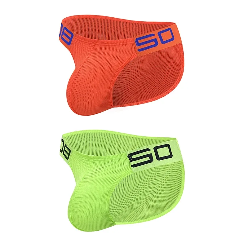 Calzoncillos transpirables de malla de mezcla de nailon para hombre, ropa interior Sexy de Color fluorescente con letras de empalme de cuerno en relieve, cinturilla elástica ancha — image 33