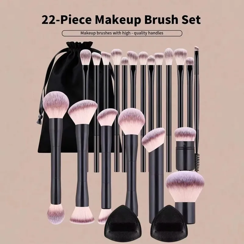 22-piece professional makeup tool set including a velvet storage bag 20 soft long aluminum tube brushes + 2 powder puff