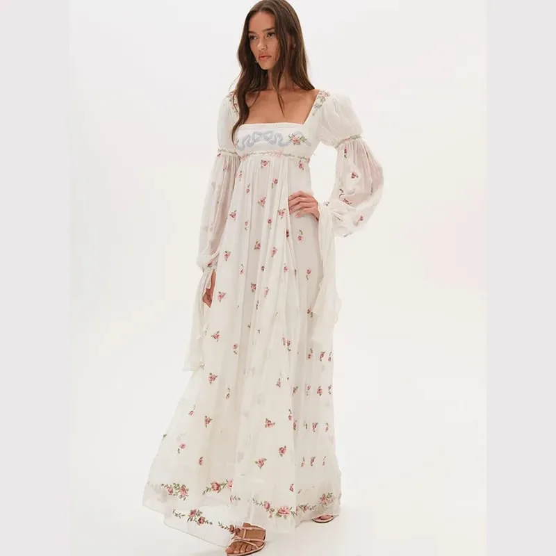 Cottagecore Floral Maxi Dress Women's Square Neck Long Puff Sleeve Empire Waist Chiffon Flowy Vintage Boho Wedding Guest Dress — image 2
