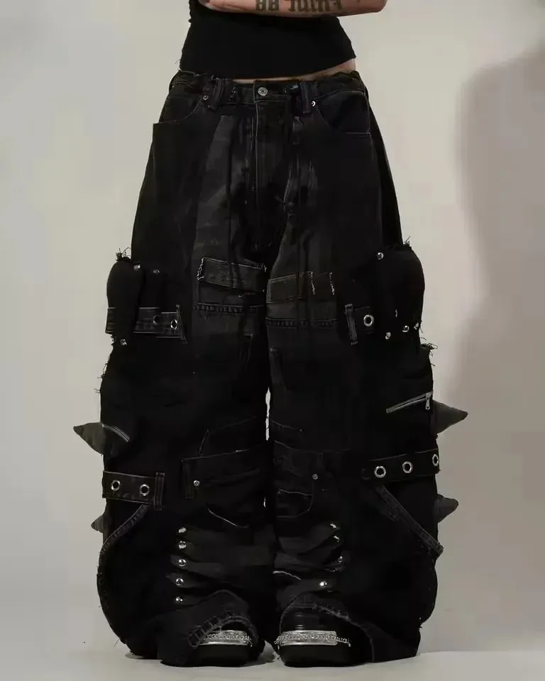 Y2K Black Oversized Cargo Jeans Men Heavy Strap Buckle Stud Zip Pocket Distressed Detail Streetwear Casual Wide Leg Fashion Pant — image 8
