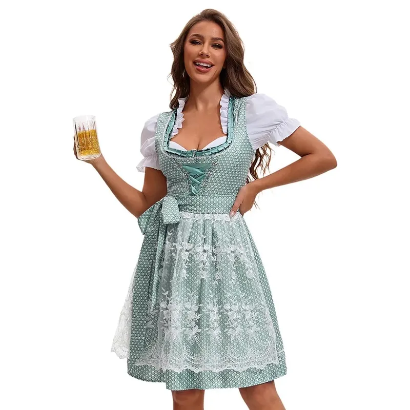 2025 Multicolor Munich Oktoberfest Dress for Women Bavarian Traditional Ethnic Print Beer Skirt with Top and Apron Maid Costume — image 9