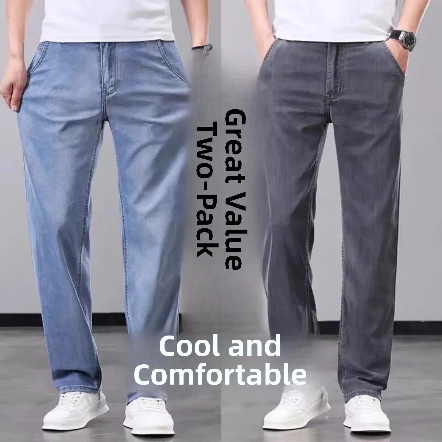 Summer Thin Wide Leg Pants Loose Fit Casual Ice Silk Jeans Men's Breathable Straight Cut Long Trousers Business Gentleman Style — image 6