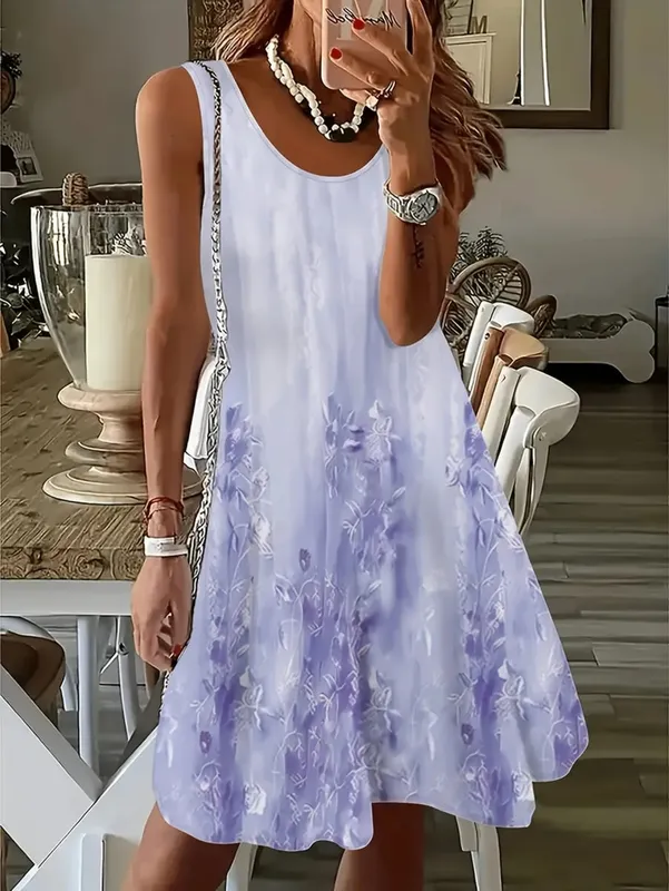 2026 Summer Women's Sleeveless Dresses Knee-Length Round-Neck Dresses Beach and Vacation Casual Dresses Printed Women's Dresses