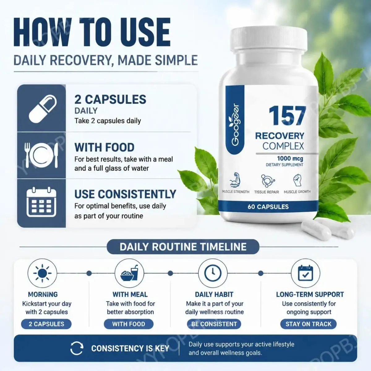 Googeer 157 Recovery Complex Capsules for Muscle Strength and Tissue Repair L-Lysine Amino Acid Blend Daily 60 Capsules
