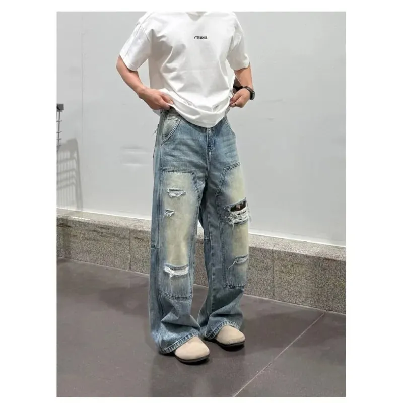 Mænds jeans Mandebukser Kraftig vasket multilomme snedkerstil Lige løse denimbukser Casual Fit High Street — image 3