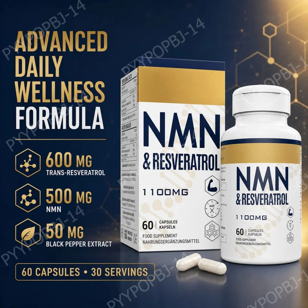NMN+Resveratrol 60 Capsules Powerful Antioxidant Supplement for Heart Health & Anti-Aging Enhanced with Black Pepper Extract — image 1