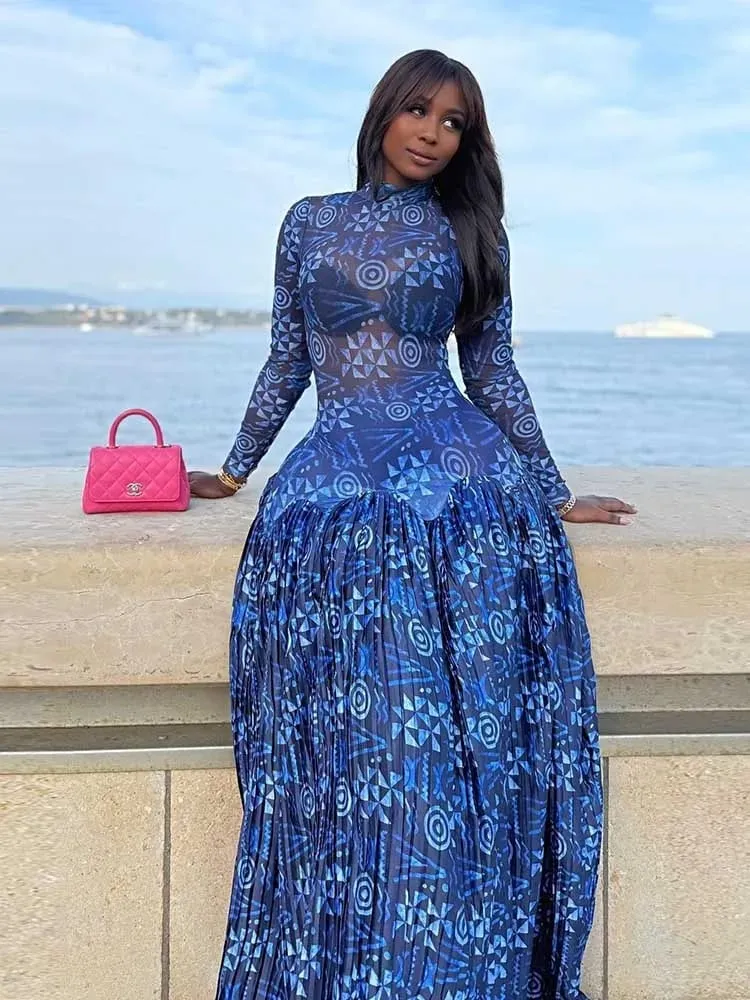 Royal Blue Dress for Women Mid-turtleneck High Waist Transparent Light Long Dress with Sleeves Streetwear Pleated Maxi Dress — image 4
