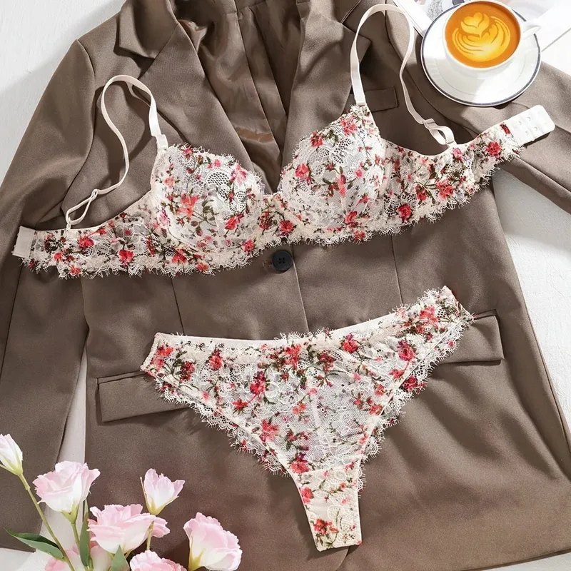 Soutien-gorge Ultra fin en dentelle florale, sans doublure, ensemble slip, sous-vêtements avec anneau en acier, transparent, Lingerie Sexy, brassière pour femmes, été