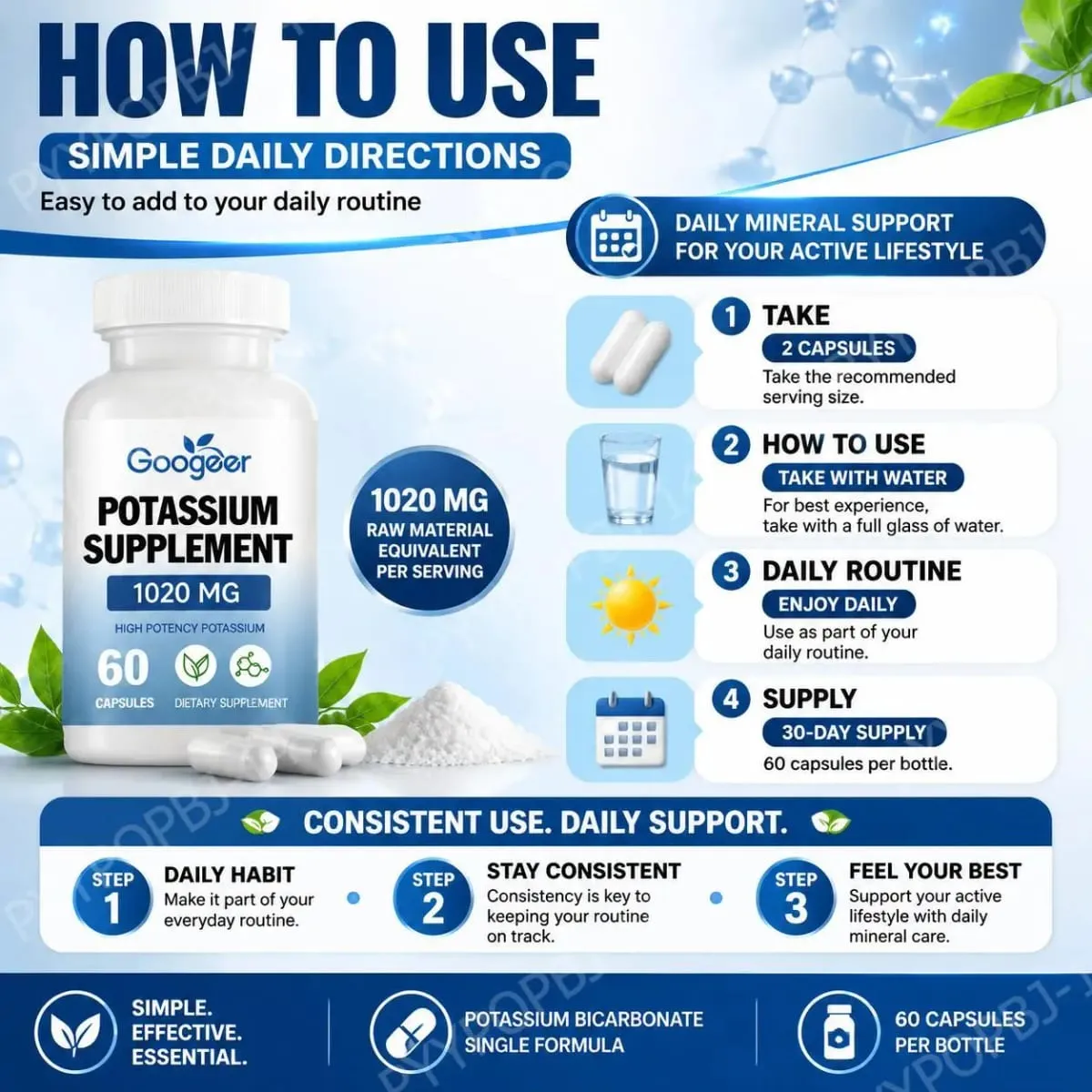 Googeer Potassium Supplement Capsules for Daily Mineral Gap Support 1020 Mg Equivalent Steady Potassium Level 60 Capsules