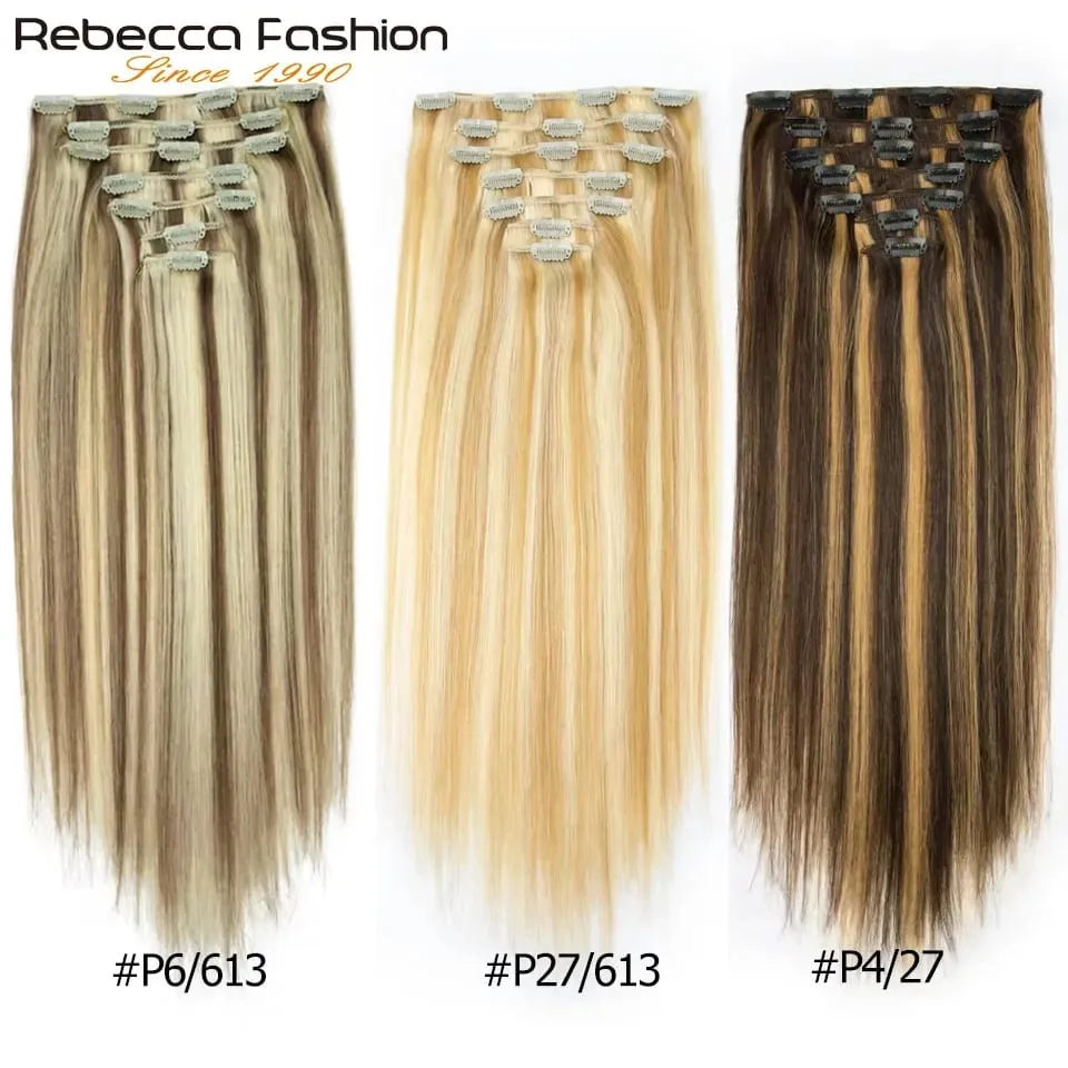 Rebecca Clip In Hair Extensions Human Hair Straight Clip In Blonde P6/613 P8/613 P27/613 P4/27 Color Clip Ins Remy Hair 7Pcs Set — image 2