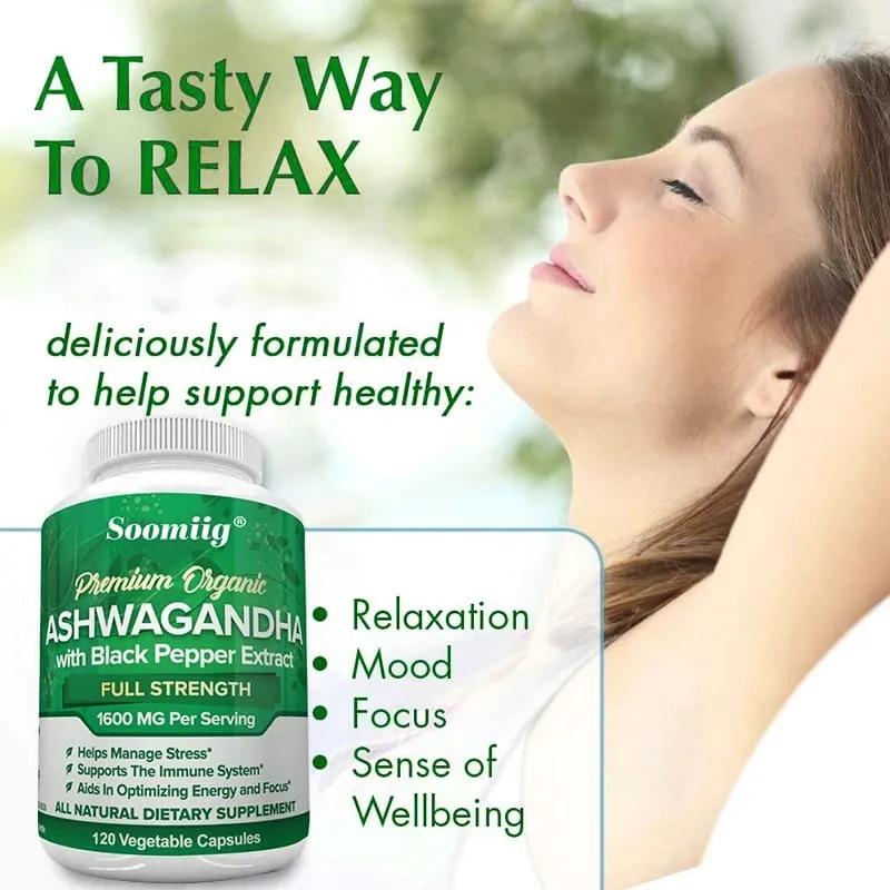 Ashwagandha Root Extract Capsules 1600mg with Black Pepper Stress Relief Brain Clarity Focus Energy & Sleep Health Support — image 4