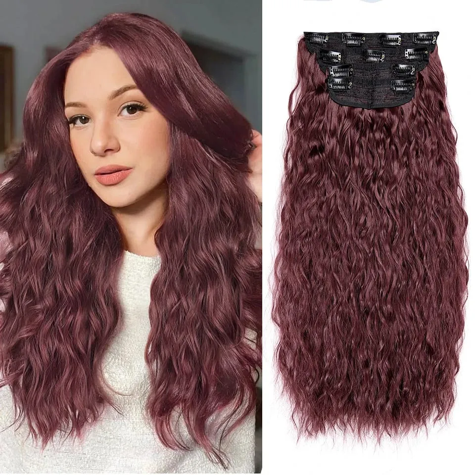 4PCS set Clip in Hair Extensions Natural Black Corn Wavy 20'' Long Curly Thick Synthetic Hairpieces for Women Girls Daily Party — image 10