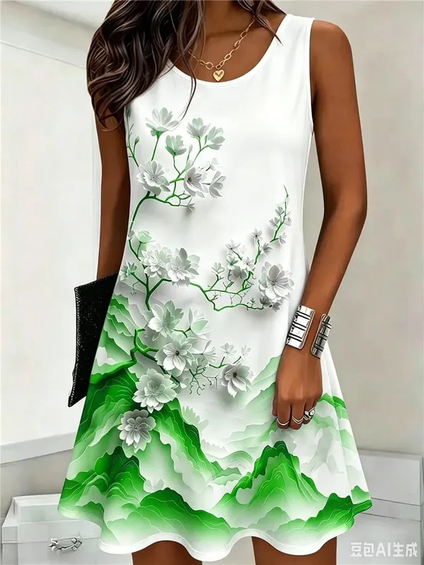 Flower Pattern Women Mini Dresses Summer Sleeveless 3D Floral Printed Street Style Ladies Dress 3XL Plus Size Loose Casual Dress — image 3