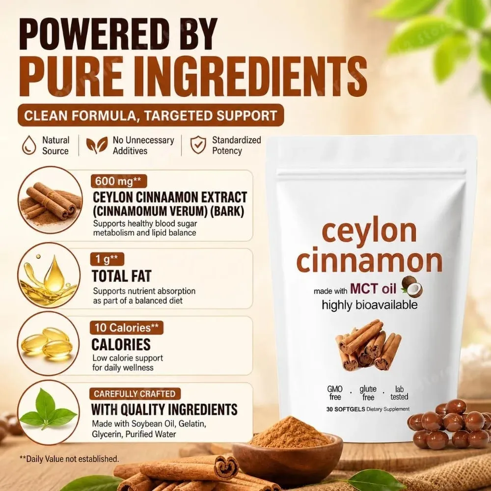 Ceylon Cinnamon 600mg 12-1 Extract Softgels 7200mg Equivalent MCT Oil Highly Bioavailable Daily Dietary Supplement 30 Softgels — image 2