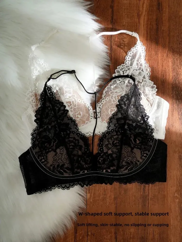 French Vintage Lace Halter Bra Set Wireless Thin Cup Small Breast Push Up Anti Sag Lifting Soft Pure Desire Ladies Intimate Bras — image 3