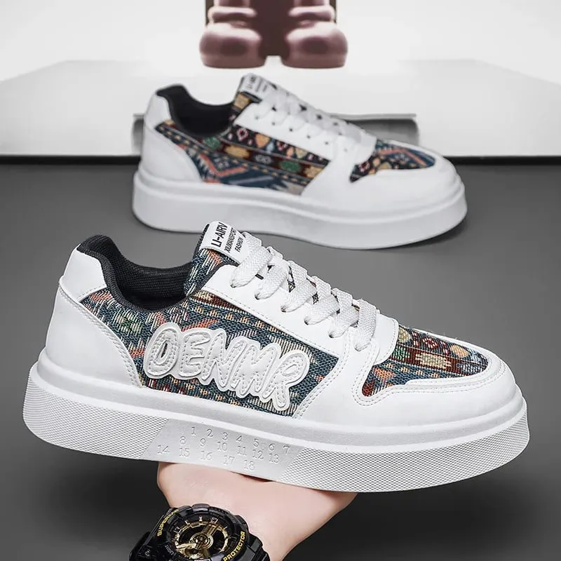 Men Spring Summer Sneakers Platform Board Shoes Ethnic Patchwork Fabric Casual Skateboard Lace Up Male Footwear