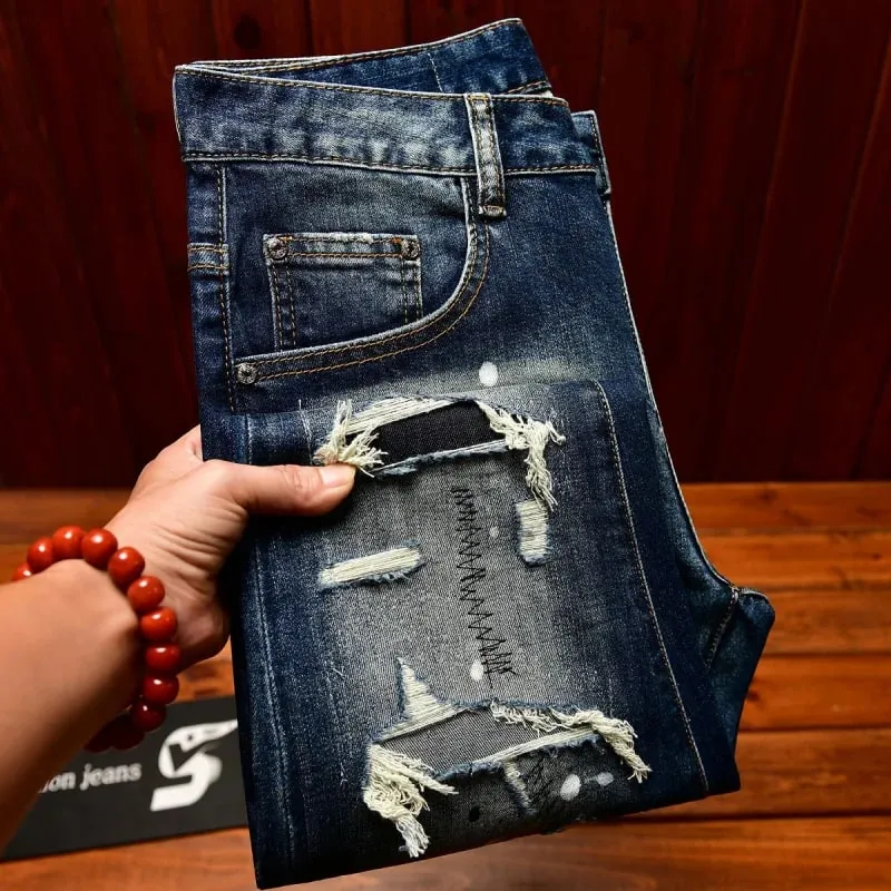 High end nostalgic jeans for men slim fit with small holes patches scraped inkjet street trend elastic retro denim pants
