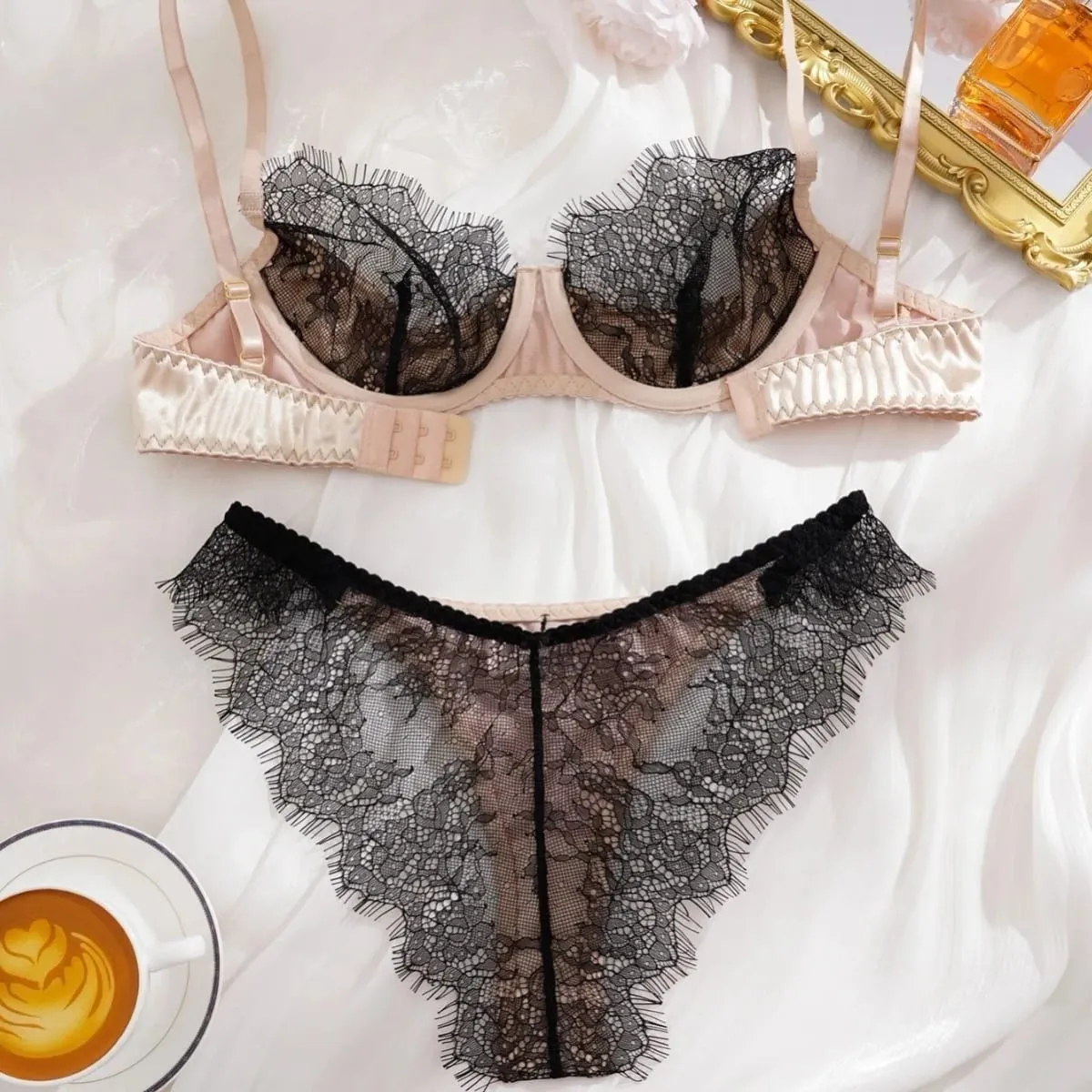 Satin Fabric Eyelash Lace Patchwork Ultra Thin Unlined Bra Sets Underwear with Underwire Sexy Lingerie Women Brassiere — image 3