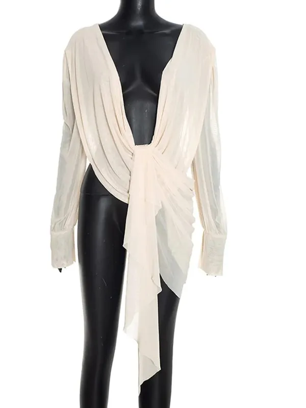 Beyprern Chic Y2K Aesthetic Plunging Neckline Mesh Top Female Draped Asymmetrical Long Sleeve Cover Up Blouse Night Out Clubwear