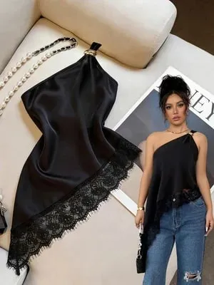 Women's Casual Single-Shoulder Camisole Solid Color Camisole with Lace Splicing and Versatile Style Suitable for Shopping Bea
