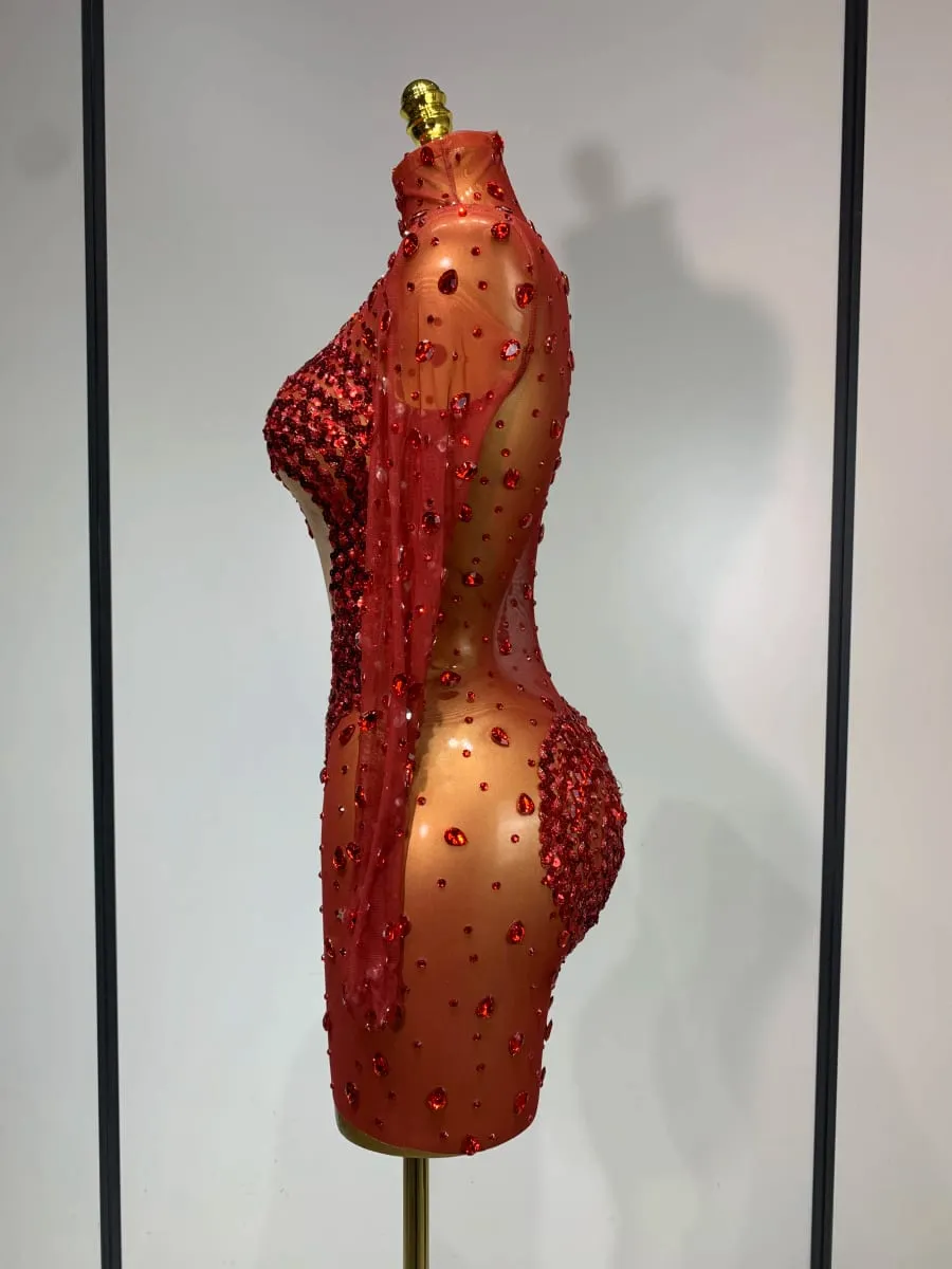 High Quality Rhinestone Sequin Sexy See Through Mesh Mini Dress Women Evening Party Nightclub Singer Stage PerformanceCostume — image 3