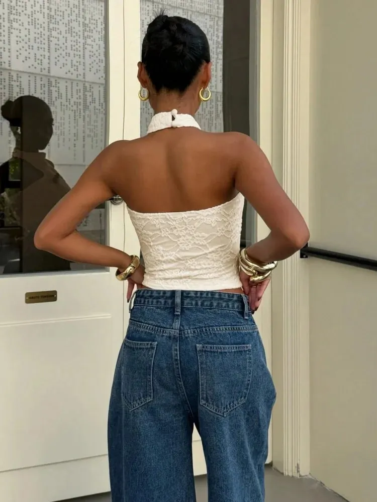 Women's Sexy White Lace High Neck Halter Back Button Backless Slim Fit Crop Top Casual Daily Vacation Summer 2026 — image 4