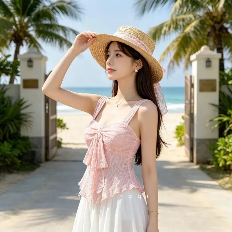 French soft pure aesthetic women cropped camisole solid lace jacquard fabric bow ornament waist cinched versatile sleeveless inn — image 5