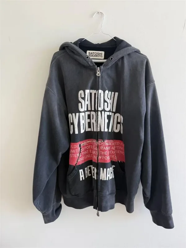 New SN Letter Printed Washed Retro Splashed Ink Zipper Hoodie Street Casual Cotton Loose Versatile Sports Oversize Trendy Top — image 7