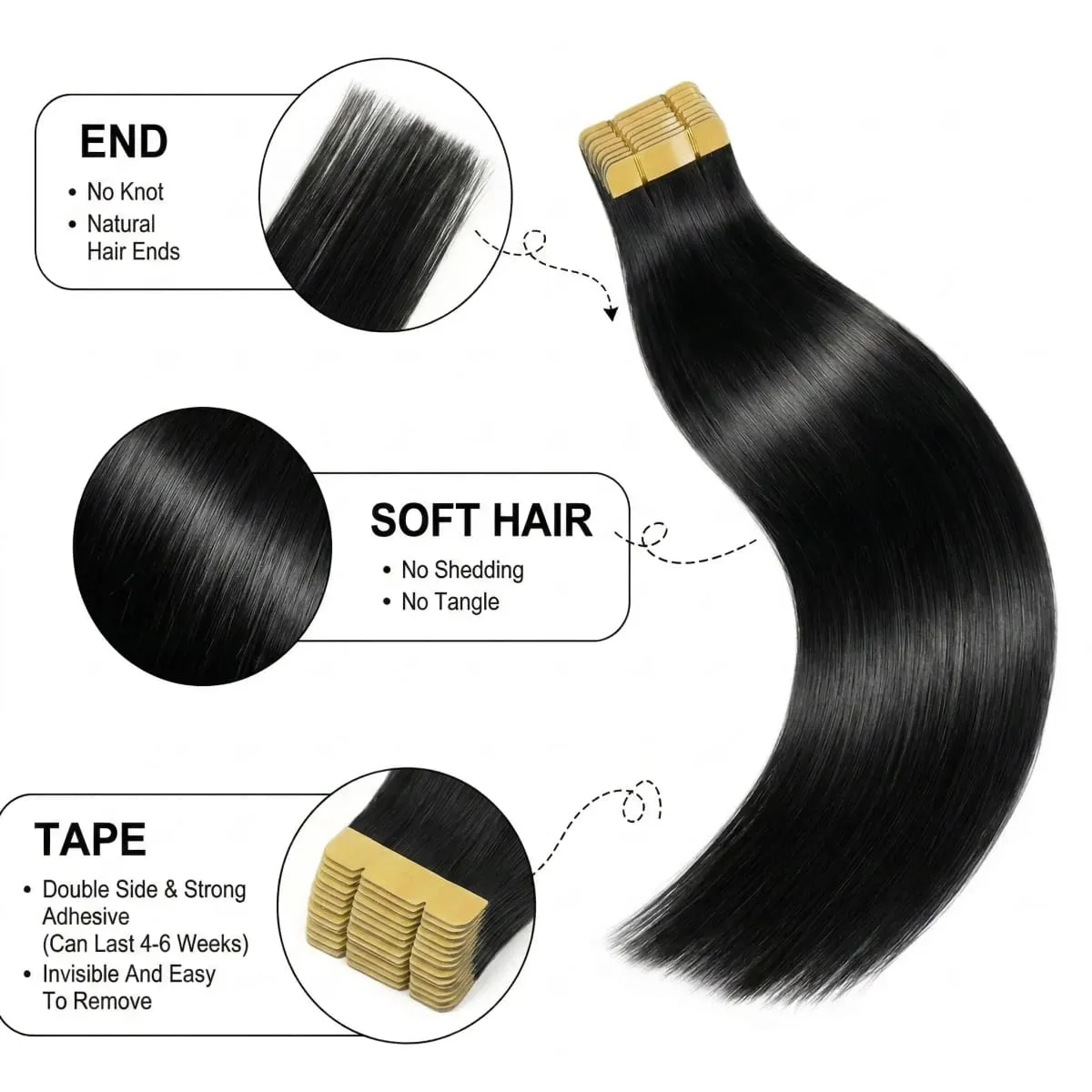22 24 Inch Tape In Hair Extensions Human Hair Seamless Invisible Natural 1B Black Color 21Pcs/Pack 50g Remy Straight Brazilian 100% Pure Human Hair For Women — image 2
