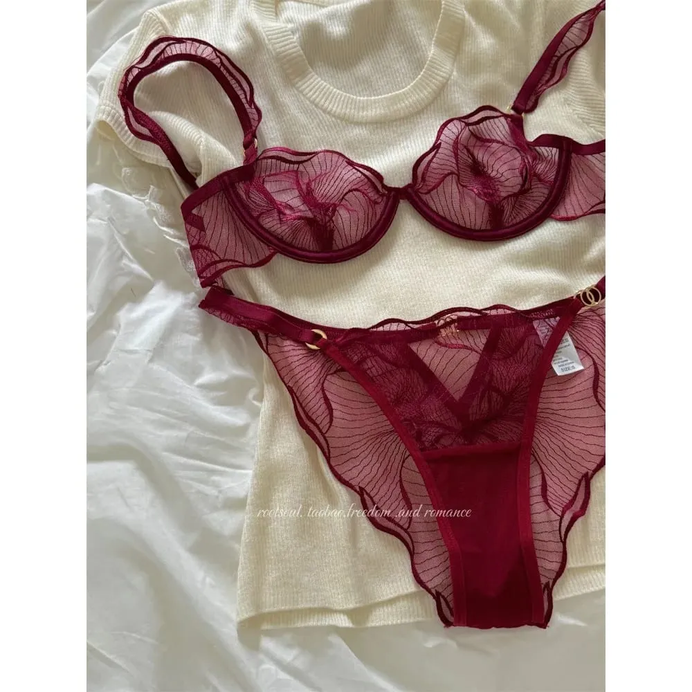 Romantic French Lace Bra Set Floral Embroidery Push Up Thin Cup Women Lingerie Bra & Panty Set Size 32-38AB セクシーな — image 5