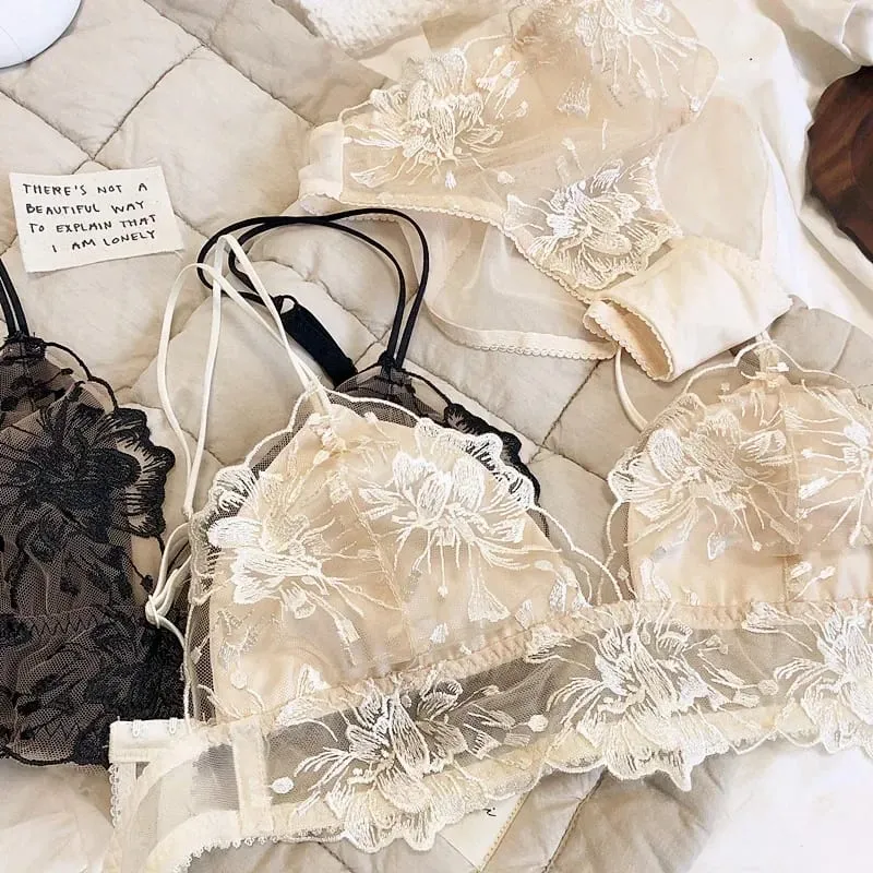 Conjunto de bralette de renda bordada, copo triangular, sutiã sem fio para seios grandes, lingerie ultrafina e respirável — image 6