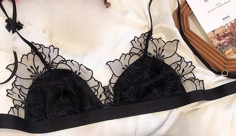 Francouzská krajka Bralette bezdrátová podprsenka s trojúhelníkovým košíčkem pro ženy Elegantní sada spodního prádla Tenká ramínka Malá náprsenka MOYISU — image 11