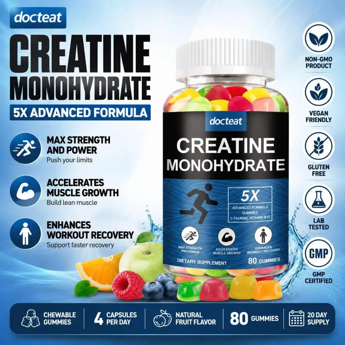 Docteat Creatine Monohydrate Gummies Chewable for Strength and Power Supports Muscle Growth and Workout Recovery 80 Gummies — image 7