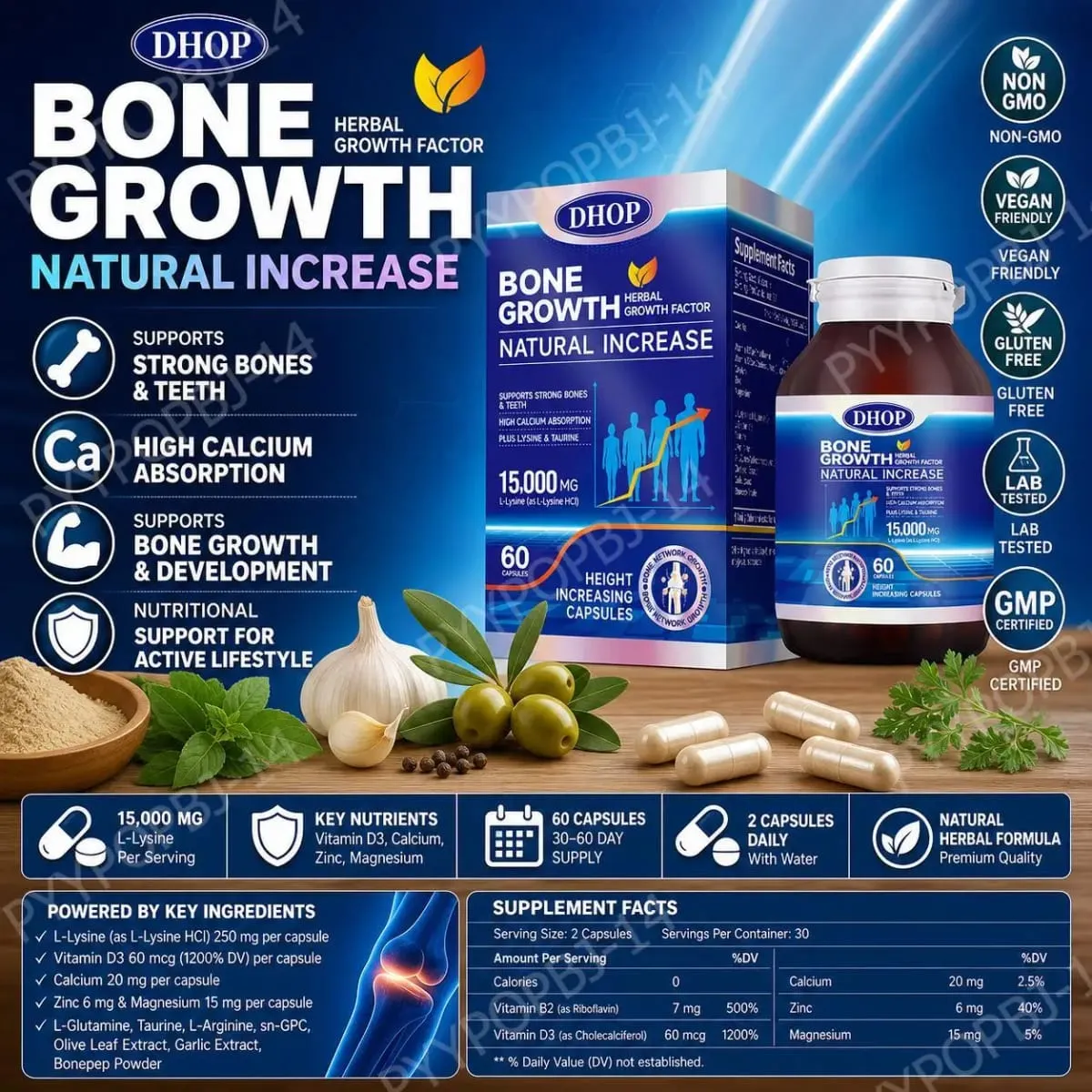 Bone Growth Natural Increase Capsules with L-Lysine Vitamin D3 Calcium & Zinc; Supports Strong Bones & Teeth 60 Capsules — image 1