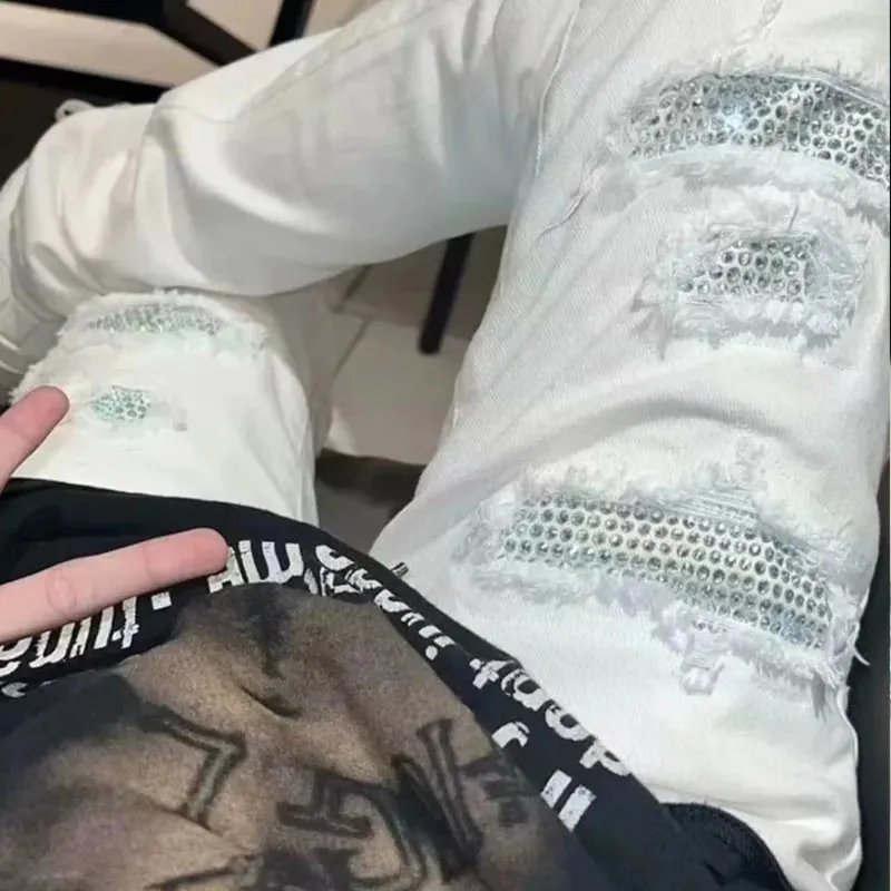 Diamond-encrusted Washed Ripped Patch Patchwork Hot Diamond Jeans Beggar Pants Men — image 9