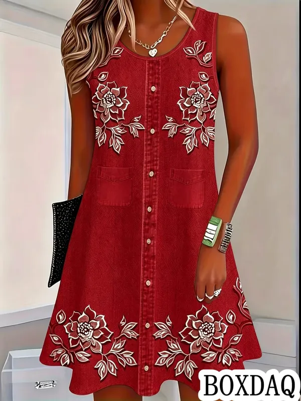 Women Vintage Pattern Flowers Print Dresses Summer Fashion Sleeveless Dress Casual Sundress Beach Loose Dress — image 12