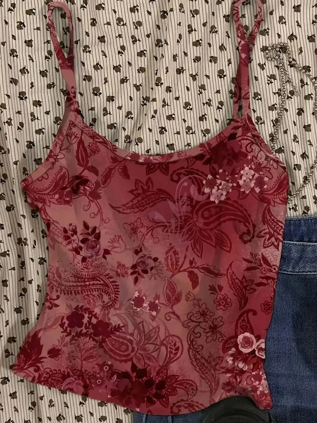 Vintage Floral Pattern Red Sexy Vest Women's Short Top