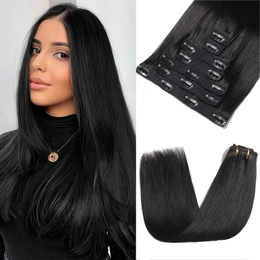 20" Straight Super Long 7pcs Set Thick Clip in on Hair Extensions Straight Full Head Black for Women Synthetic Hair