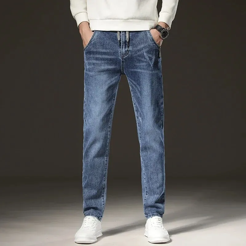 Warm Winter Jeans Men's Fleece Light Blue Slim Straight Denim Pants High Quality Thicken Velvet Elastic Comfort Casual Trousers — image 6