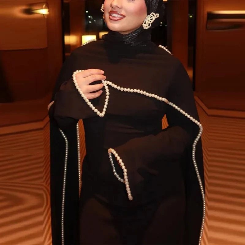 White Pearl Trim Cape Maxi Dress Women Elegant Long Sleeve Cinched Waist Muslim Robes 2026 Spring EID Abaya Lady Dresses — image 5