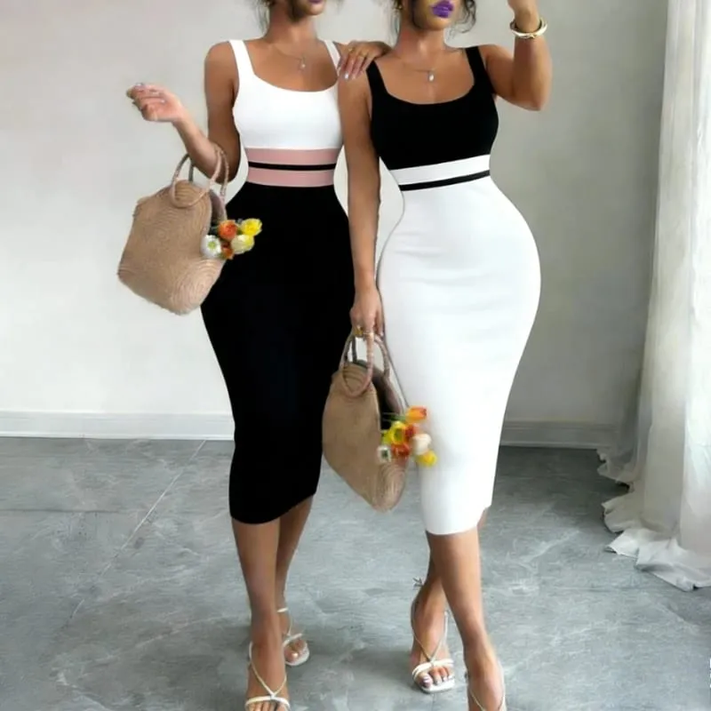 Women's White Black Patchwork Block Square Neck Sleeveless Stretchy Knit Bodycon Midi Dress Elegant Summer Daily Party Dress — image 2