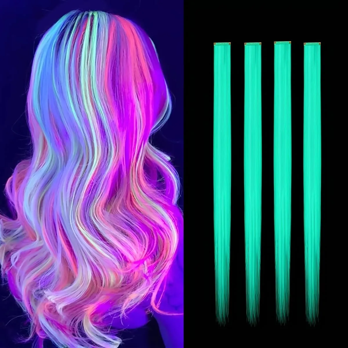 4-Pieces Synthetic Hair Extensions with Luminous Fluorescent Glow for Women - Clip-In Smooth & Soft Easy to Wear for Parties