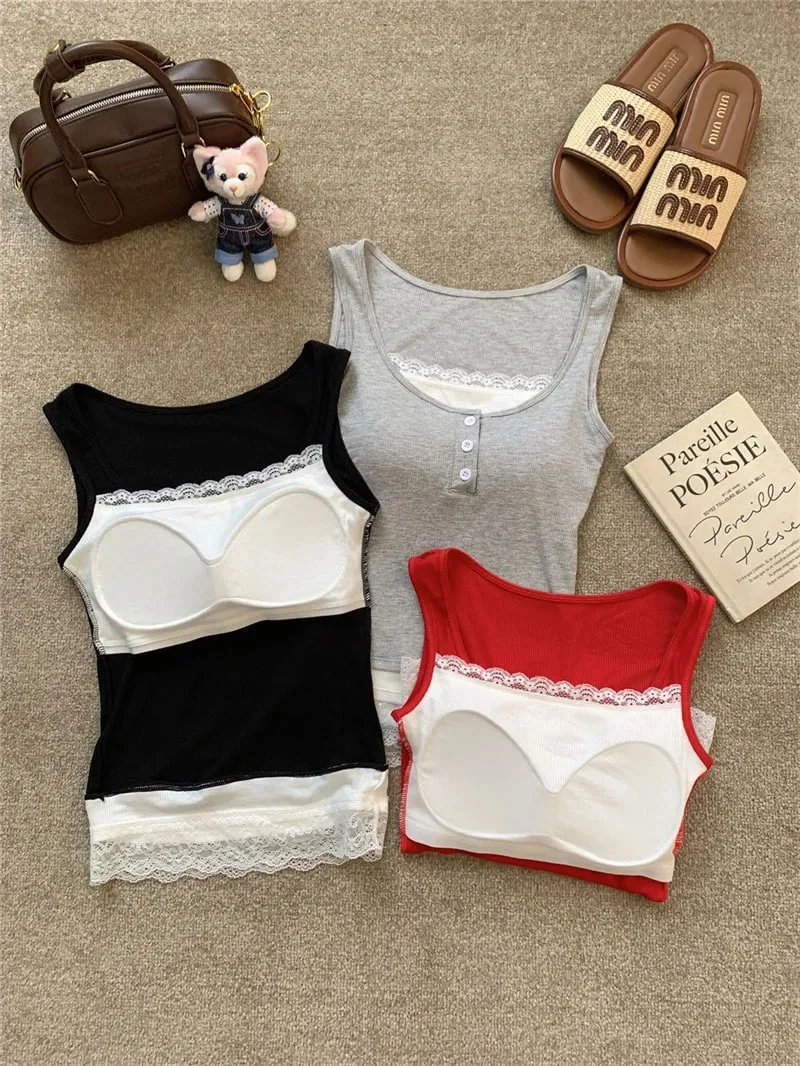 Women Fake Two Piece Lace Trim Tank Tops With Built-in Bra Pads Ribbed Viscose Sleeveless Camisole Slim Fit Crop Vest A6493 — image 7