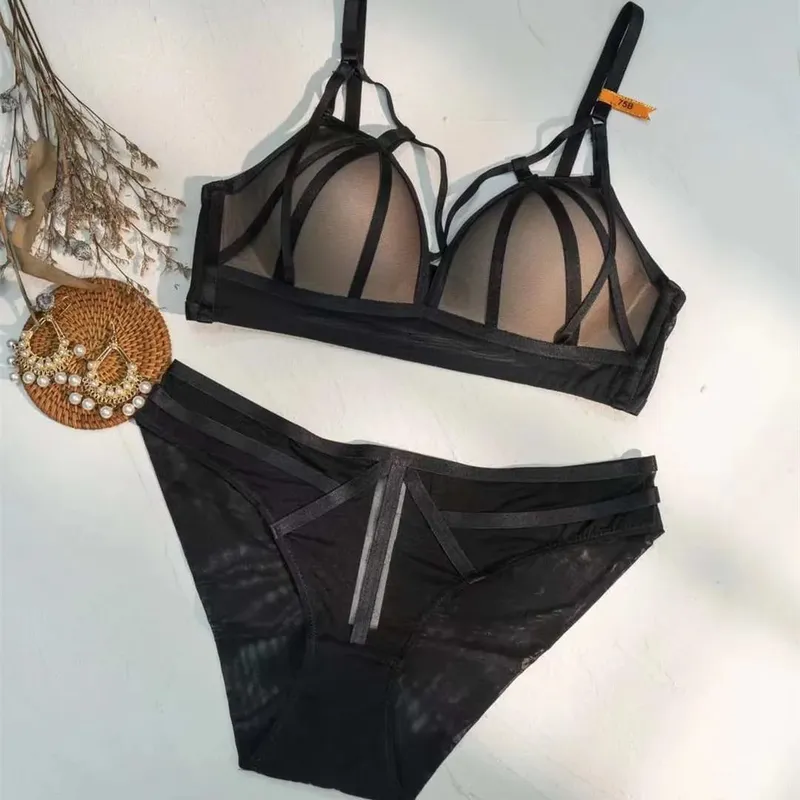 high quality sexy women bras and brief two piece set push up B C D cup striped wire summer lingerie underwear black white red — image 9