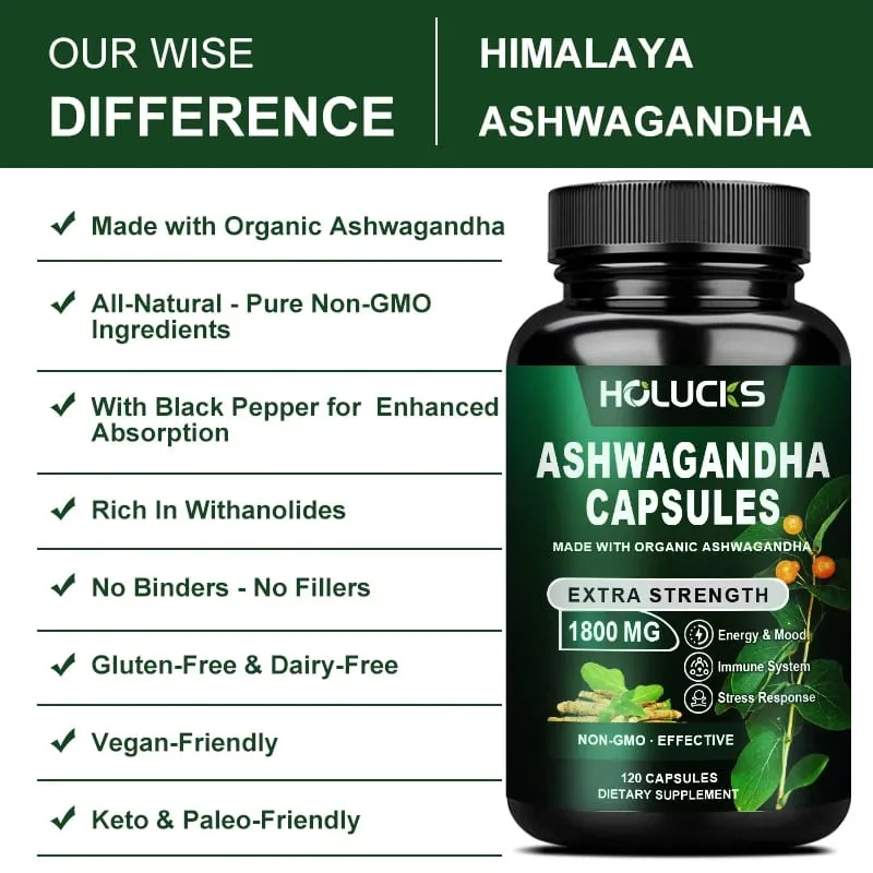 Organic Ashwagandha 1800mg Supplement for High Potency Stress Relief Adrenal & Mood Enhancer Anxiety Focus & Immune Non-GMO