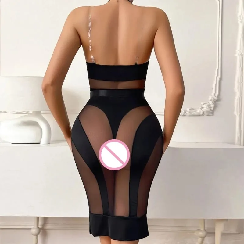 Elegant Hot Sexy Lingerie See Through Bodysuit Half Dress 2PC Set Seductive Splicing Party Queen Costume Erotic Underwear — image 3