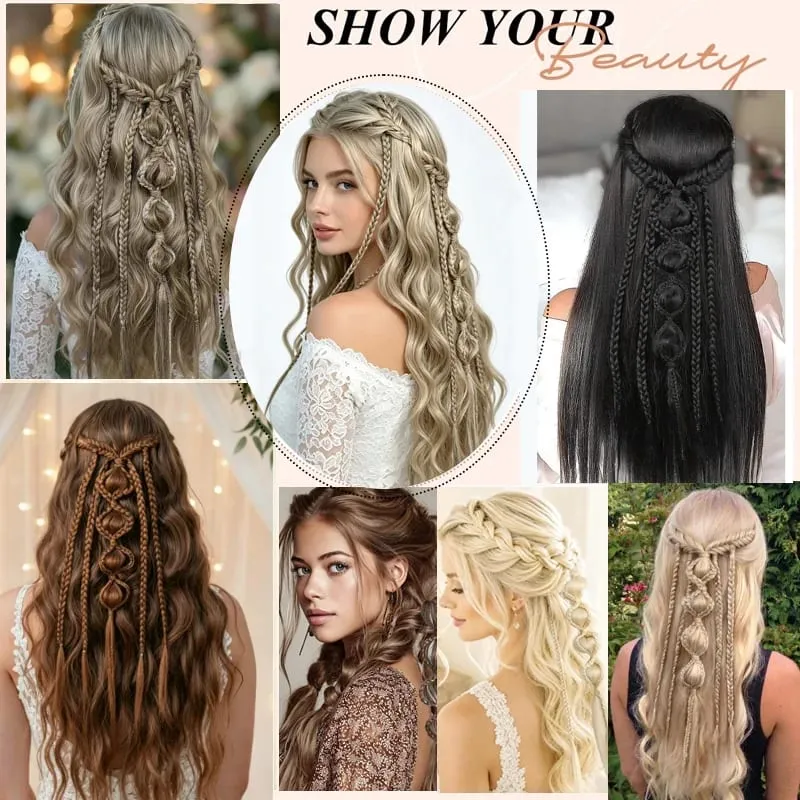 Clip in Braid Synthetic Hair Extensions Boho Festival Princess Braid Viking Renaissance Cosplay Wedding Hairpiece for Women