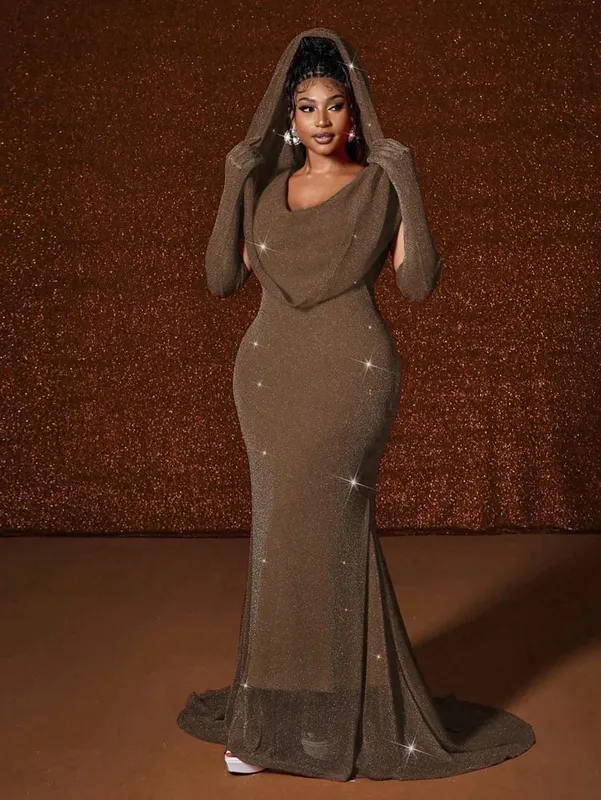 Plus Size Hat Sexy Waistband Hot Gold Fish Tail Swing Long Solid Colour Fishtail Slim Package Hip Dress Hooded — image 8